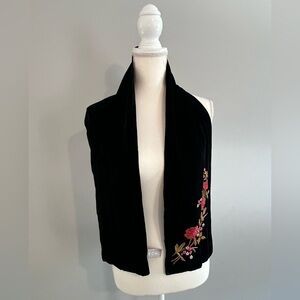 ECHO Black Velvet and Silk Scarf with Pink Floral Embroidery
